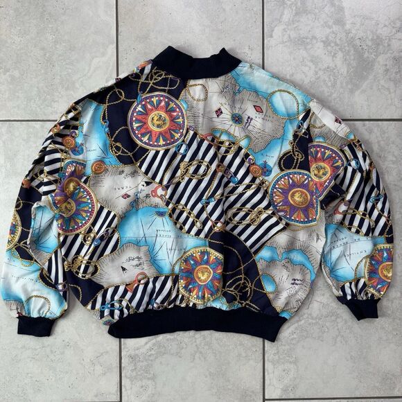 Vintage 90s JKLA Womens M Lightweight Colorful Baroque Map Zip Bomber Jacket - Picture 2 of 8